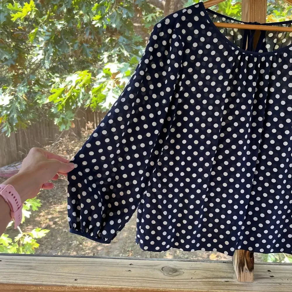 J.Crew Women's Navy & White Polka Dot 100% Silk Blouse Size L